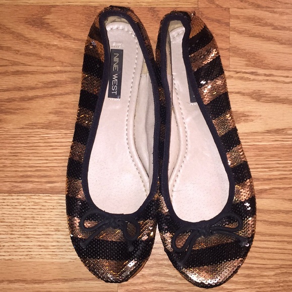Nine West Black & Gold Sequin Striped Flats 8M - Picture 2 of 6